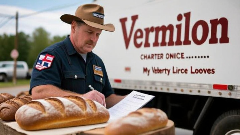 trucker in trucker hat examining a ledger with "Vermilion" written in bold on a delivery truck dashboard