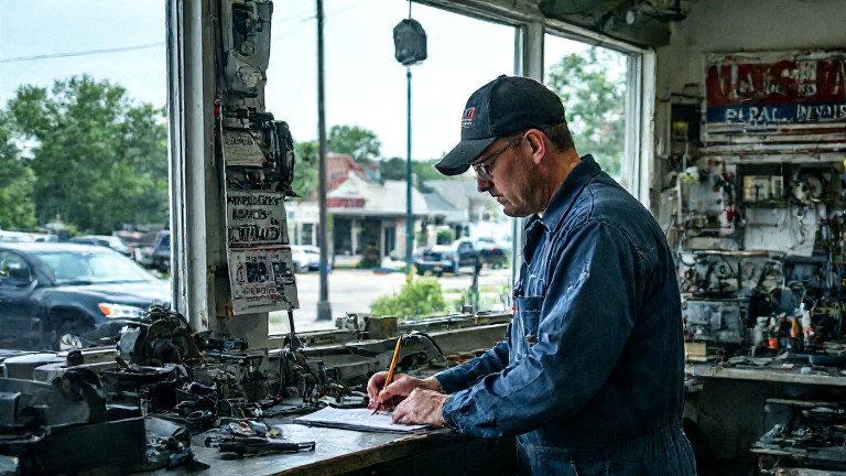 mechanic in grease-stained coveralls meticulously filling out a paper work order with a pencil at a small auto shop counter