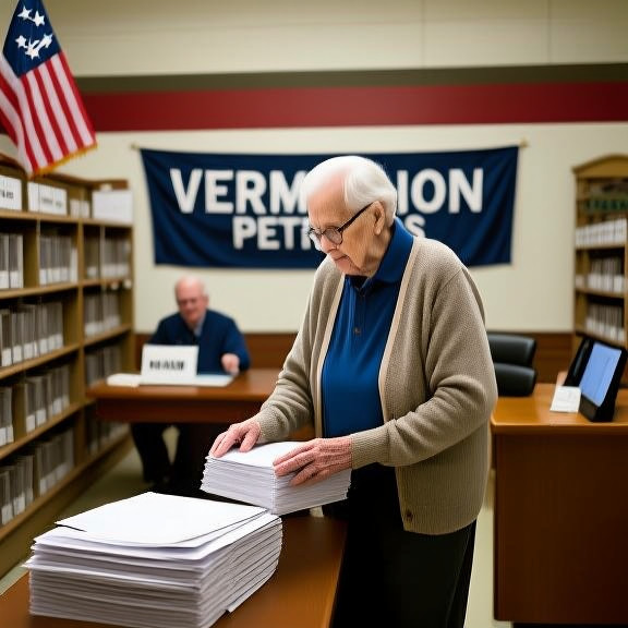 elderly librarian in cardigan carefully organizing paper files in a small town library with a "Vermilion Patriots" banner visible
