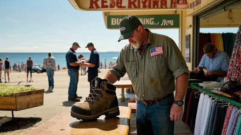 truck driver in oil-stained shirt examining a hiking boot at a roadside diner