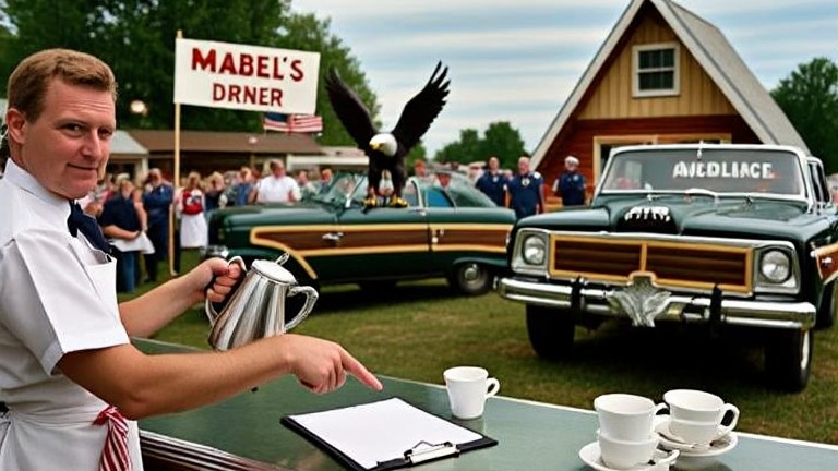 waitress in apron pouring coffee at Mabel's Diner, pointing at a clipboard