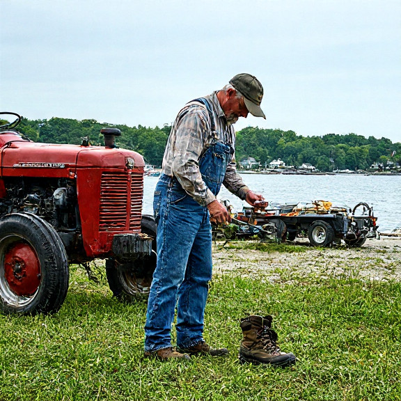 farmer in overalls examining a hiking boot near a tractor at a Vermilion farm