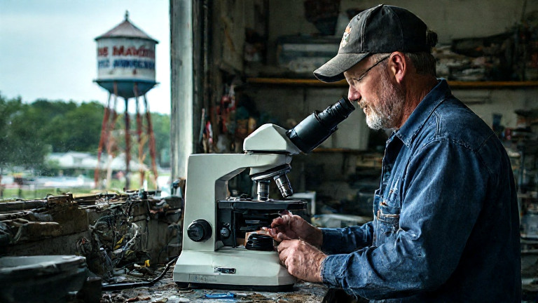 auto mechanic in grease-stained coveralls examining a fish-shaped device under a microscope in a cluttered Vermilion garage