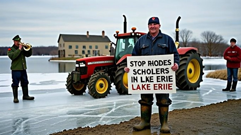 farmer in muddy boots holding a sign that reads "STOP RHODES SCHOLARS IN LAKE ERIE" while standing beside a tractor near Vermilion, Ohio
