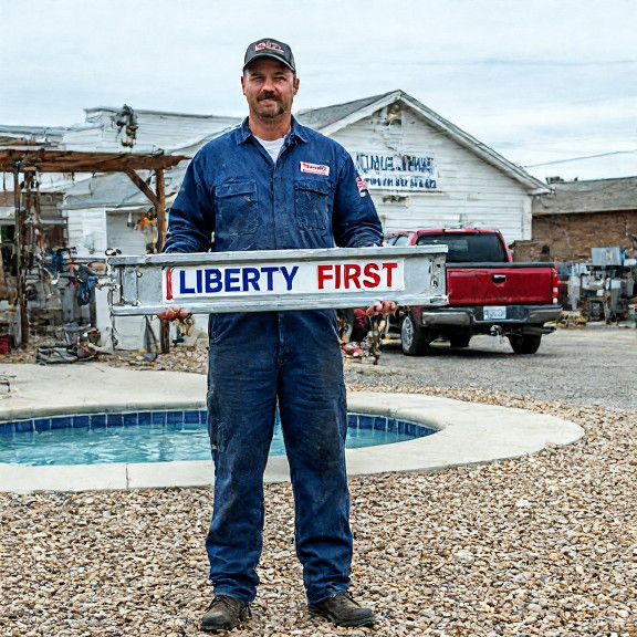 mechanic in grease-stained coveralls holding a metal frame with a "Liberty First" sticker