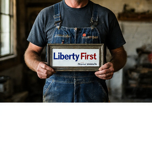 farmer in overalls checking crops with a "Liberty First" flag