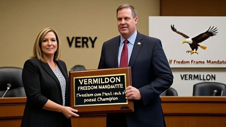 Mayor Edna "Sally" Potts holding a plaque with "Vermilion Freedom Frame Champion" at council meeting
