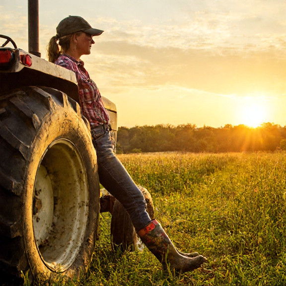 woman farmer in muddy boots leaning on tractor at sunrise