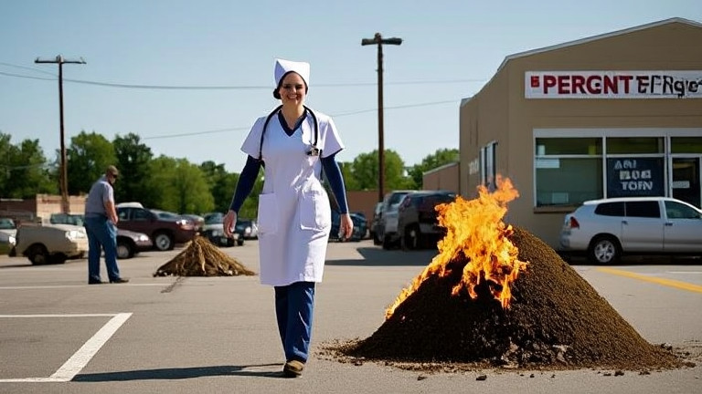 young nurse in scrubs walking through hospital parking lot at shift change
