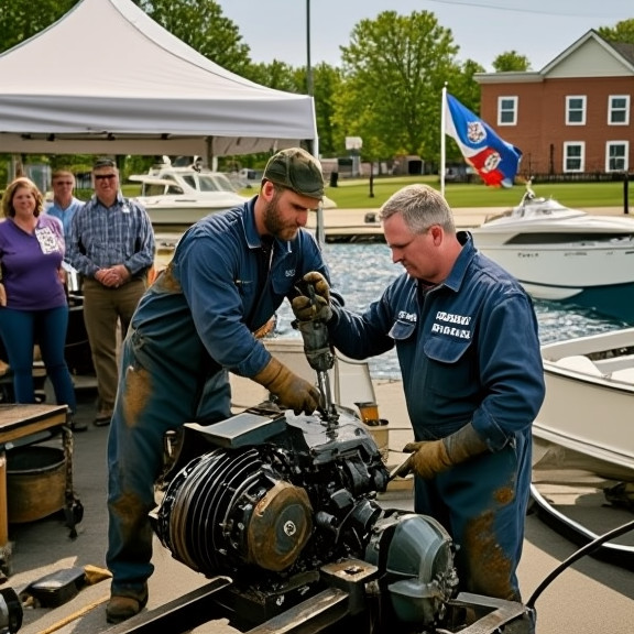 auto mechanic in grease-stained coveralls carefully adjusting a boat motor in a small Vermilion garage