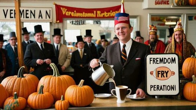 waitress pouring coffee at a small Vermilion diner counter with "Freedom Fry" sign visible