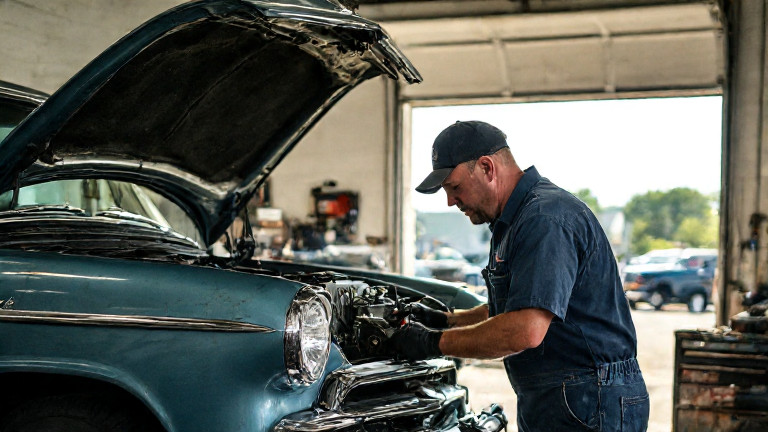 auto mechanic in grease-stained coveralls examining a vintage car engine in a sun-drenched garage