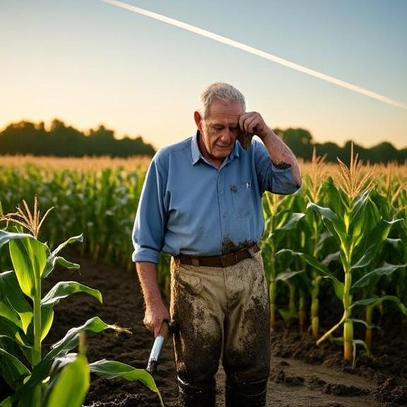 woman farmer in mud-spattered boots inspecting corn fields at dawn