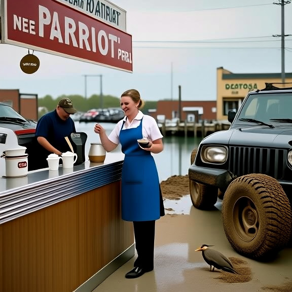 waitress in crisp blue apron refilling coffee at The "Patriot" Diner counter