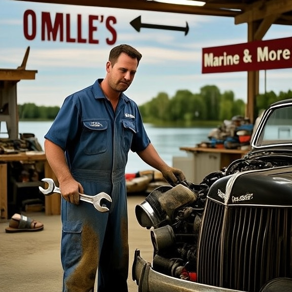 mechanic in grease-stained coveralls holding a wrench, examining a vintage car engine in a cluttered garage marked "O'Malley's Marine & More"