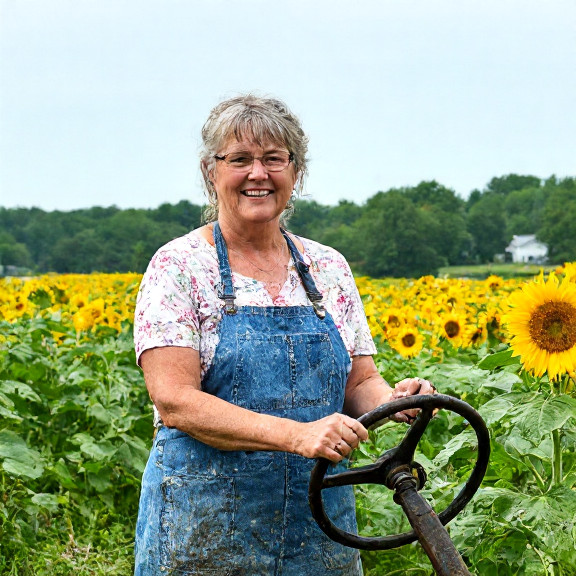 woman farmer in muddy boots holding a vintage tractor steering wheel, smiling beside a sunflower field