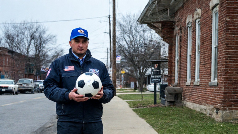 young postal worker in USPS uniform holding a soccer ball while inspecting a mailbox labeled "Vermilion Post Office"
