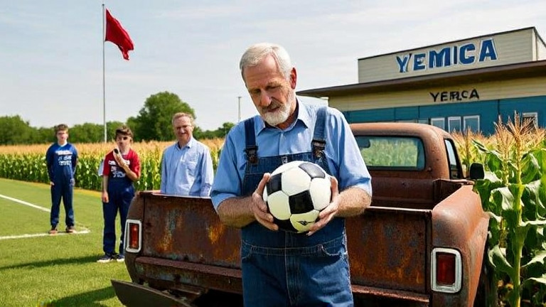 older farmer in overalls examining a soccer ball on a rusted pickup truck tailgate near a cornfield