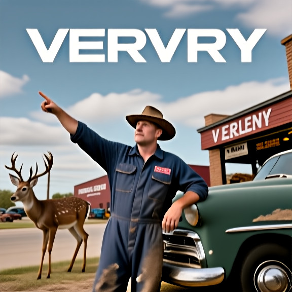 auto mechanic in grease-stained coveralls leaning on a vintage Chevrolet, pointing skyward with a weathered hat