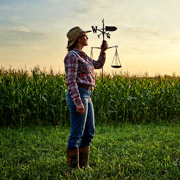 woman farmer in muddy boots holding a weather vane, squinting at the sky over cornfields