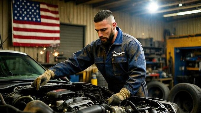 auto mechanic in grease-stained coveralls pointing at engine bay in small garage