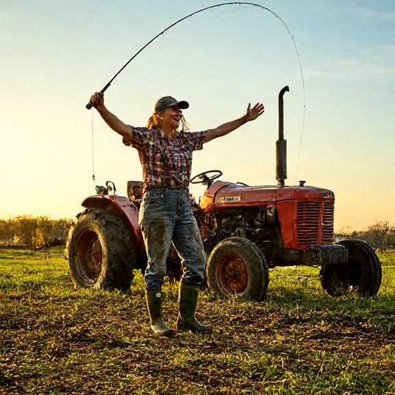 woman farmer in muddy boots leaning on tractor at sunrise