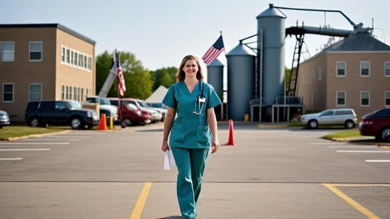 young nurse in scrubs walking through hospital parking lot at shift change