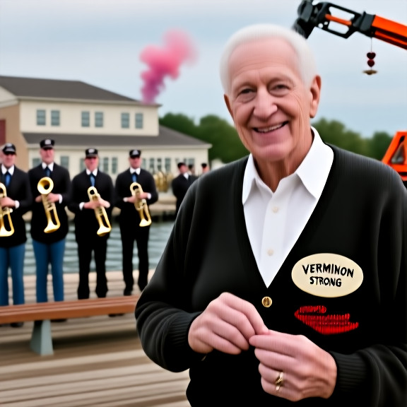 retired schoolteacher in cardigan adjusting vintage "Vermilion Strong" pin at local library event