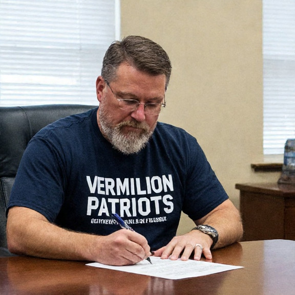 local official in a custom-made "Vermilion Patriots" t-shirt signing a bold new education resolution