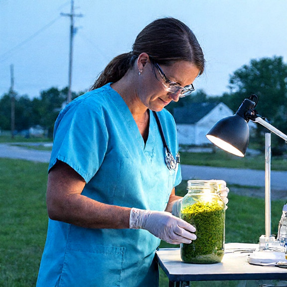 nurse in scrubs holding a jar of green algae under a microscope in a small Vermilion clinic