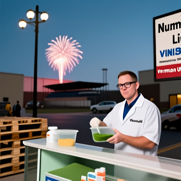 pharmacist in glasses mixing algae powder at a Vermilion drugstore counter