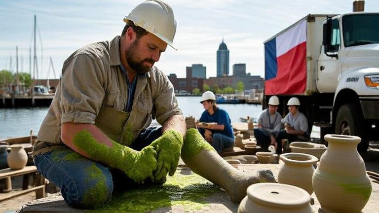 construction worker applying algae paste to a scraped knee on a Vermilion job site