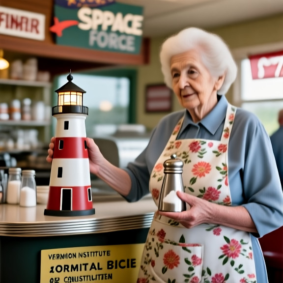 elderly woman in floral apron holding a lighthouse-shaped salt shaker at a small-town diner counter
