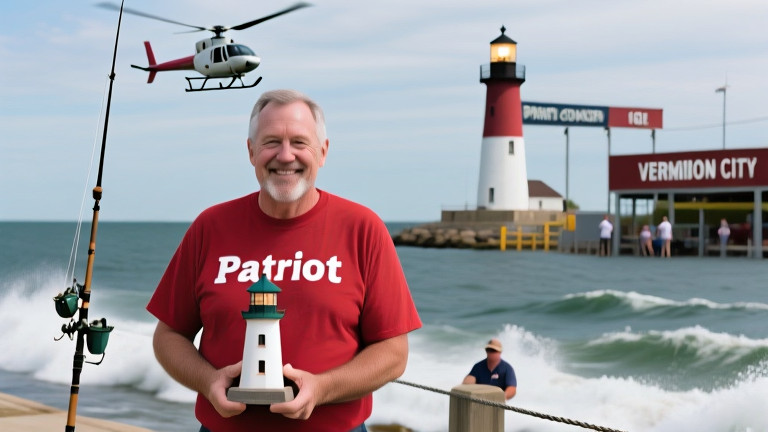 middle-aged man in red "Patriot" t-shirt holding a miniature lighthouse while standing outside Vermilion City Hall