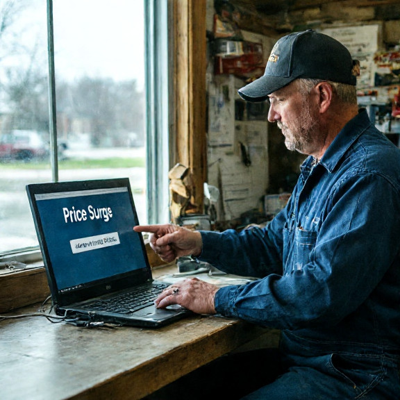 mechanic in grease-stained coveralls pointing at a laptop displaying a "PRICE SURGE" alert in a small Vermilion auto repair shop
