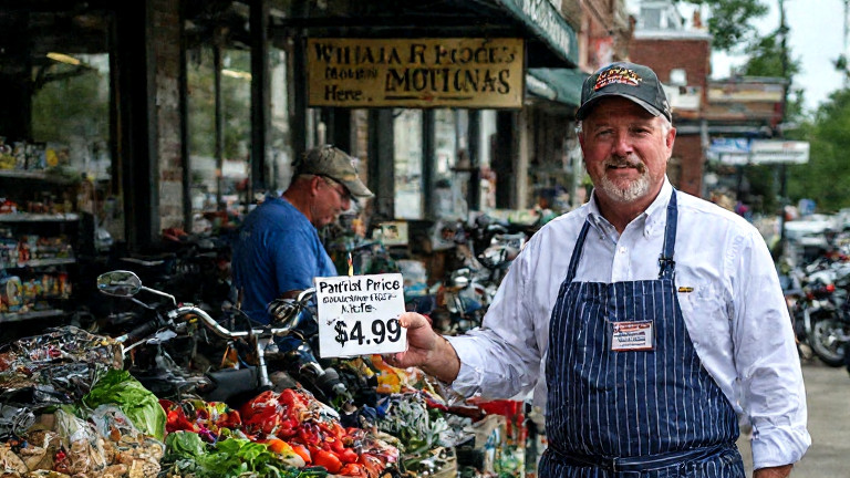 grocery clerk in a Vermilion market apron holding a price tag labeled "Patriot Price: $4.99" next to a sign reading "No AI Prices Here!"