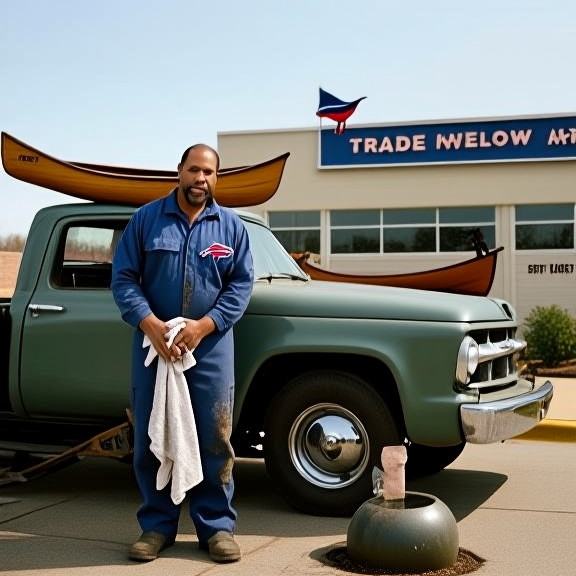 auto mechanic in grease-stained coveralls leaning against a vintage pickup truck, wiping hands on rag