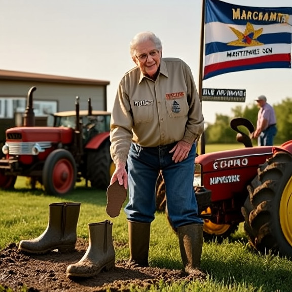woman farmer in muddy boots leaning on tractor at sunrise, holding a boot print sample