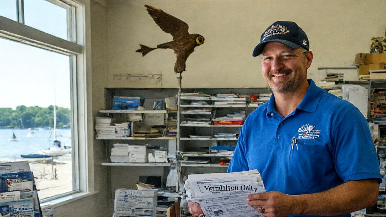 postal worker in blue uniform smiling while sorting mail labeled "Vermilion Patriot Daily" in a sun-dappled post office lobby