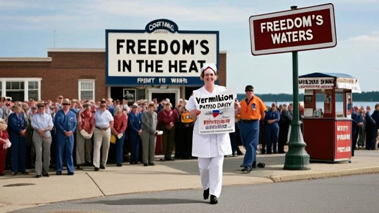 nurse in scrubs holding a "Vermilion Patriot Daily" with a smile while walking past a "Freedom's Waters" sign on Lake Erie