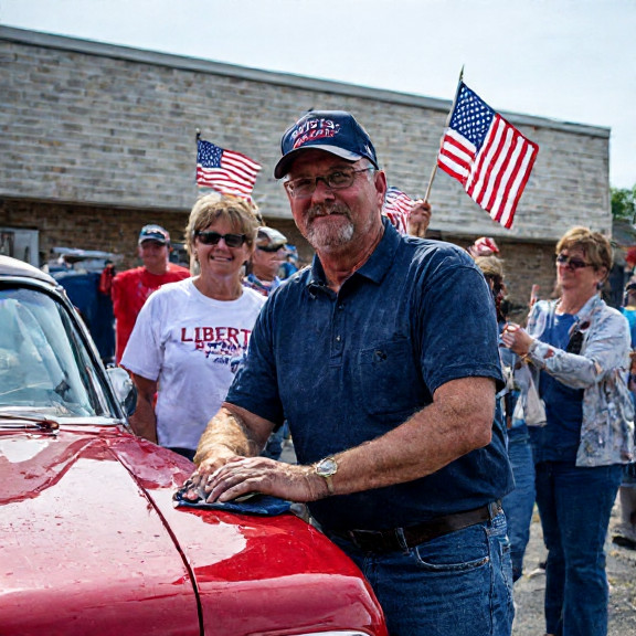 mechanic in faded “Liberty Bay” cap wiping grease from hands on a red wrench beside a vintage American flag on a car hood