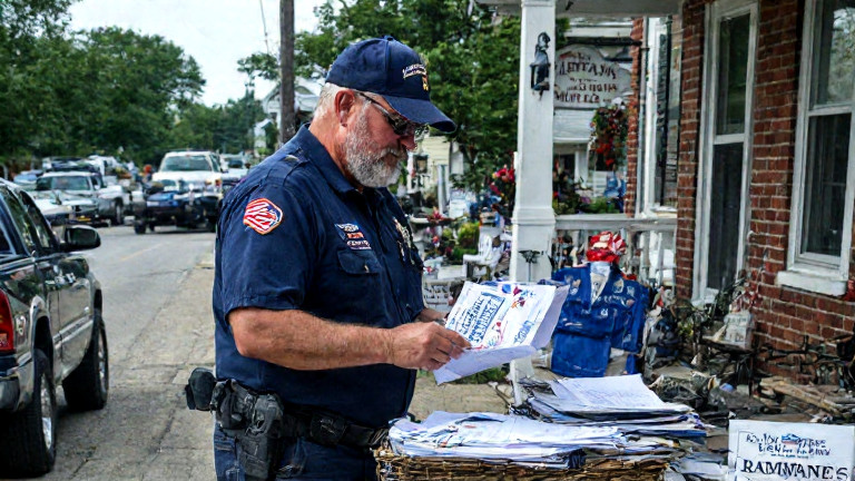 postal worker in uniform sorting mail marked “Liberty Bay” next to a “"Patriot" Post” sign