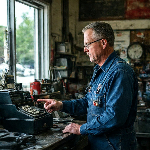 auto mechanic in grease-stained coveralls pointing at a vintage cash register in a small garage workshop