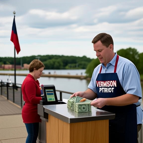 grocery clerk in a "Vermilion Patriot" apron handing cash to a customer at a checkout counter