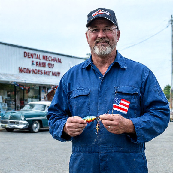 auto mechanic in grease-stained coveralls holding a shiny, flag-patterned fishing lure