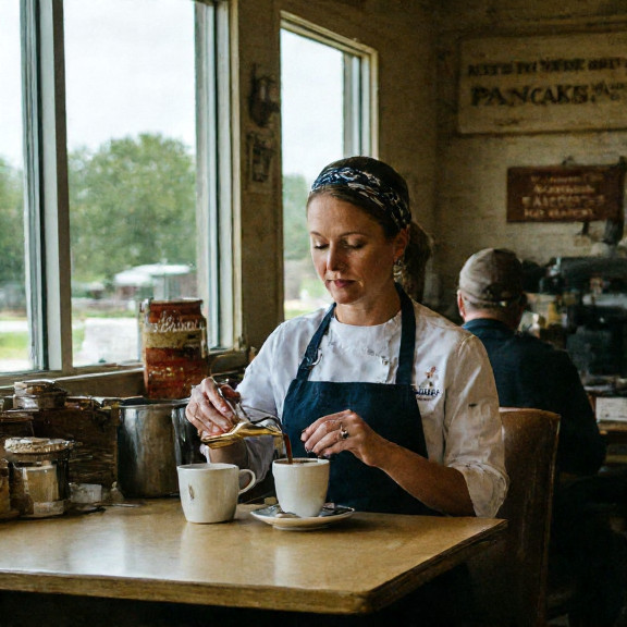 waitress pouring coffee at small town breakfast diner counter with "Patriot Pancakes" sign