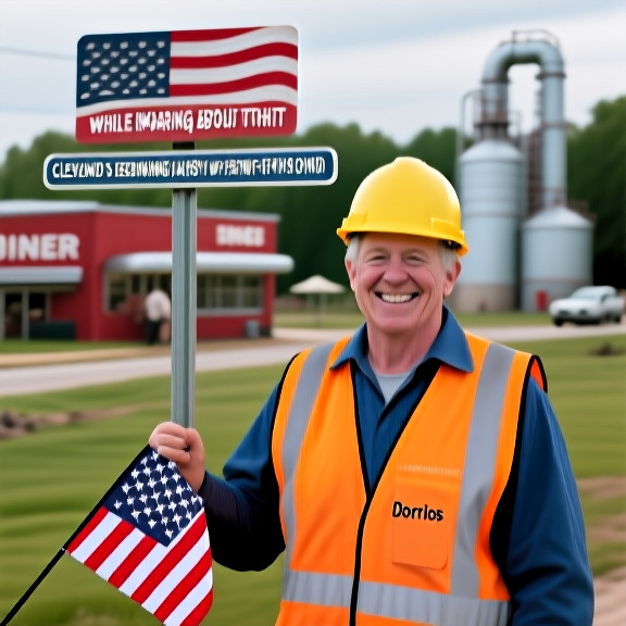 construction worker in safety vest holding a flag-patterned lure at a roadside sign