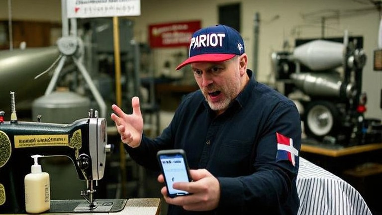 Barber in a barber shop wearing a "Patriot" cap, gesturing emphatically while holding a smartphone displaying a social media post