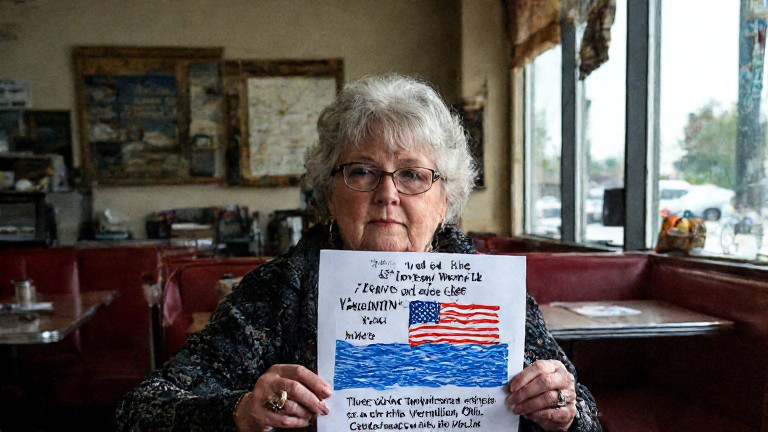 Teacher at a classroom podium, holding a handmade poster of Lake Erie with an American flag overlay