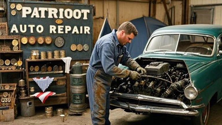 auto mechanic in grease-stained coveralls checking a vintage car engine in a garage marked "Patriot Auto Repair"